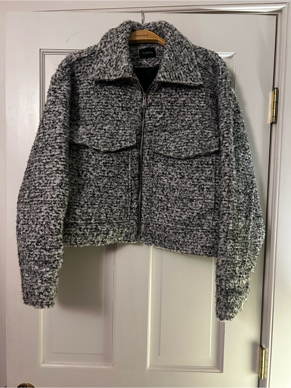Gray Bouclé Zip Front Teddy Jacket